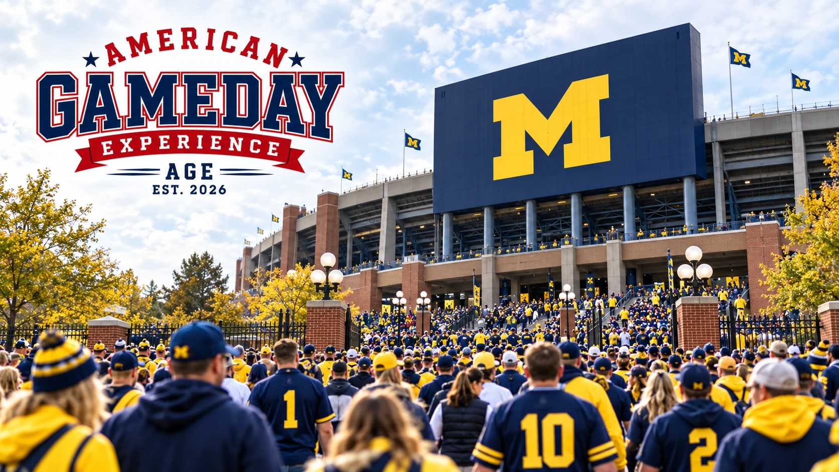 American Gameday Experience-logotyp mot en ljus himmel ovanför Michigan Stadium och ett hav av Michigan-fans i blått och maize