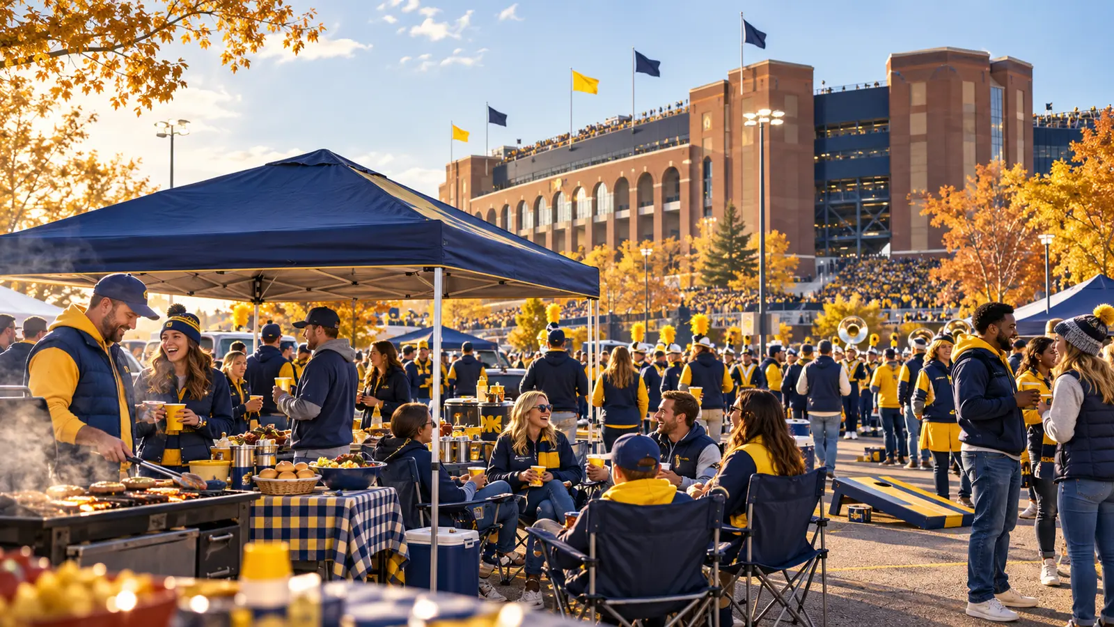 En livlig college football-tailgate med vänner, grillar och blå-gula färger utanför en stor arena