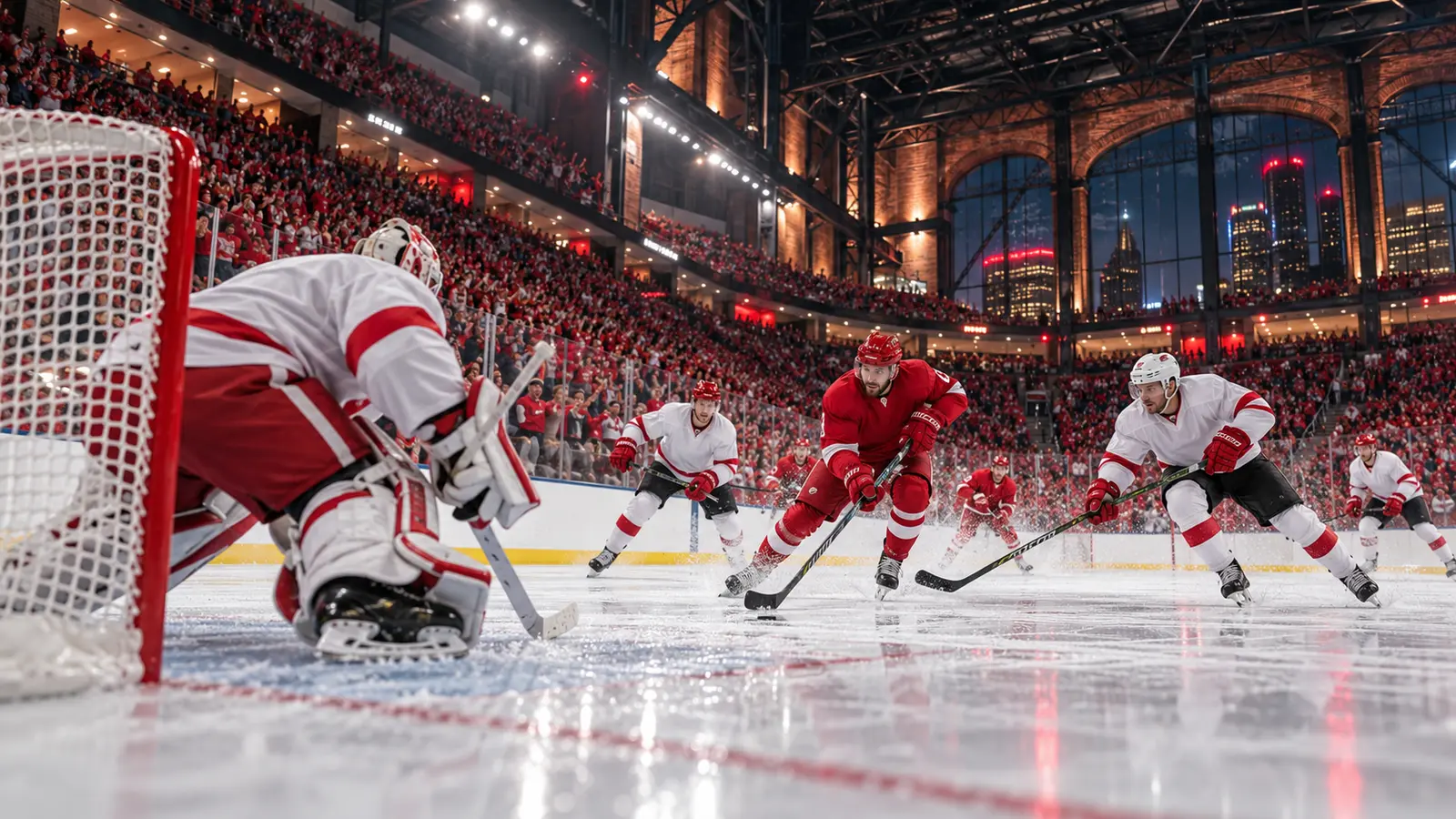 Ishockeymatch i en fullsatt arena i Detroit, med spelare i rött och vitt