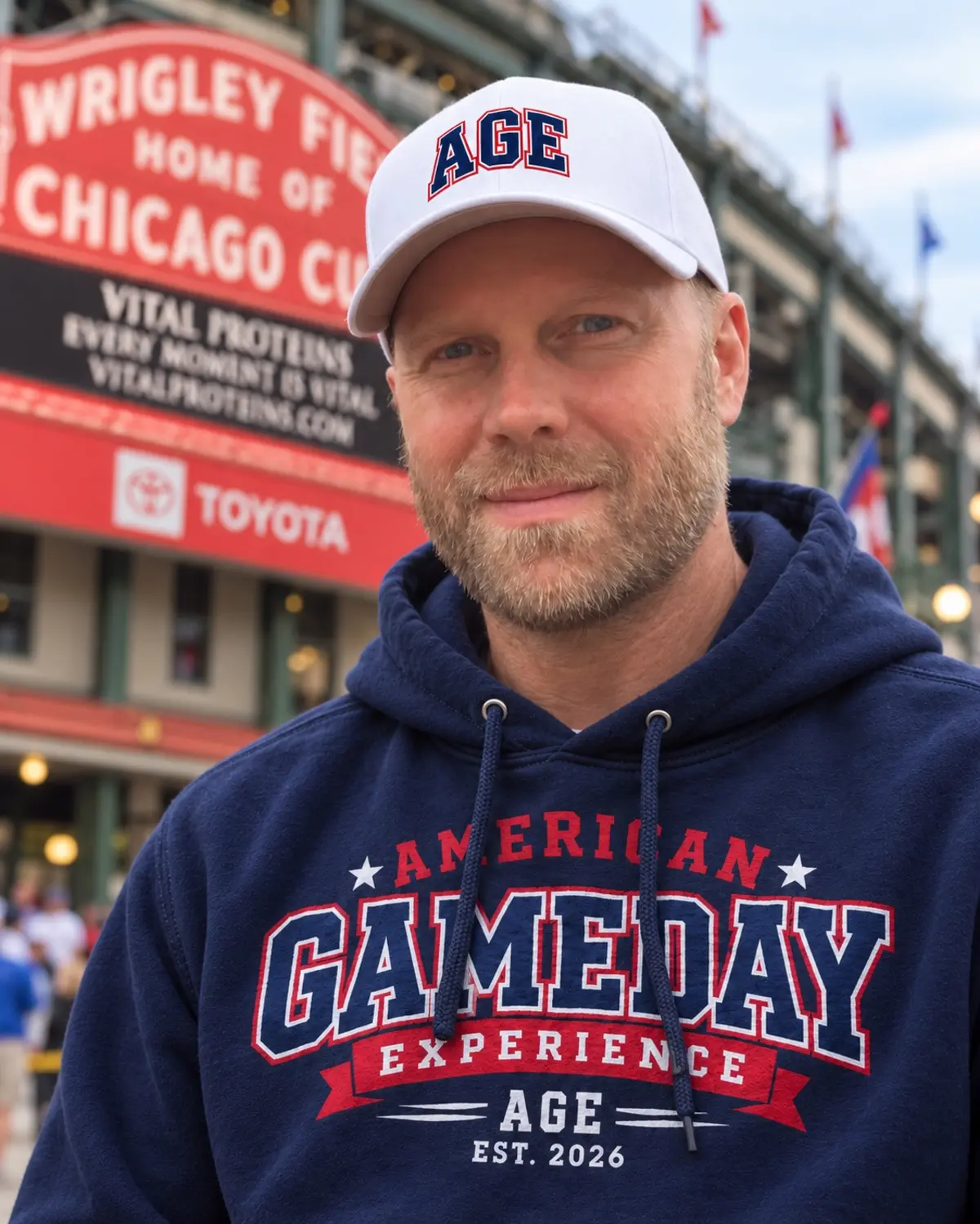 Jerker Östlin i AGE-keps och huvtröja framför Wrigley Field i Chicago